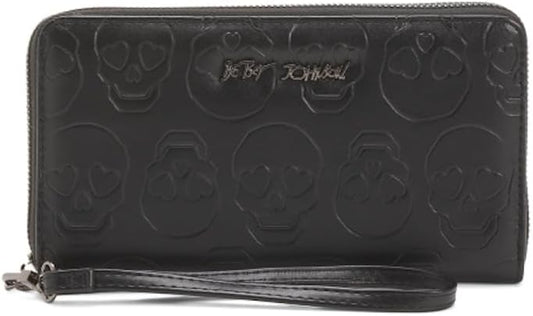 HOTBetsey Johnson Skulls Wristlet Wallet, Black, Embossed Skull Design with Detachable Strap, 8x4.5 Inches