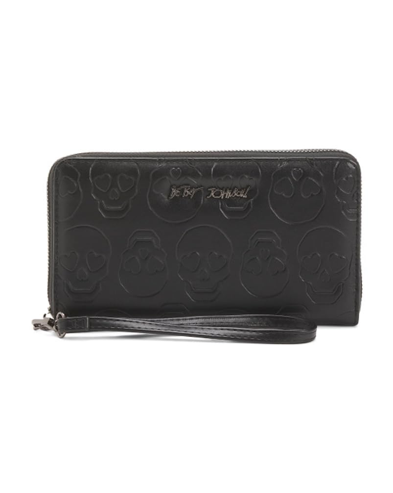 HOTBetsey Johnson Skulls Wristlet Wallet, Black, Embossed Skull Design with Detachable Strap, 8x4.5 Inches