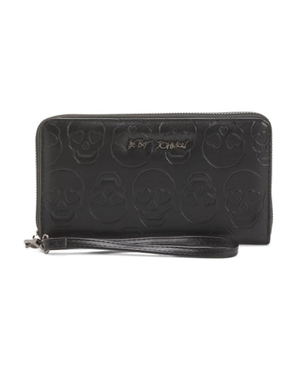 HOTBetsey Johnson Skulls Wristlet Wallet, Black, Embossed Skull Design with Detachable Strap, 8x4.5 Inches