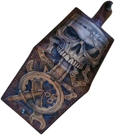 HOTMen's 3D Genuine Leather Wallet, Hand-Carved, Hand-Painted, Leather Carving, Custom wallet, Personalized wallet, Skull, Gear Head Design, Wrench, Spanner, Skeleton, Bone, Biker, Spark Plug
