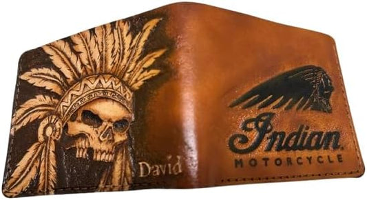 HOTIndian Skull Motorcycle, Red Man, Native American Skull Wallet, 3D Genuine Leather Wallet, Hand Carved, Leather Carving, Carving Wallet, Airbrush Art, Custom wallet, Biker Wallet, A