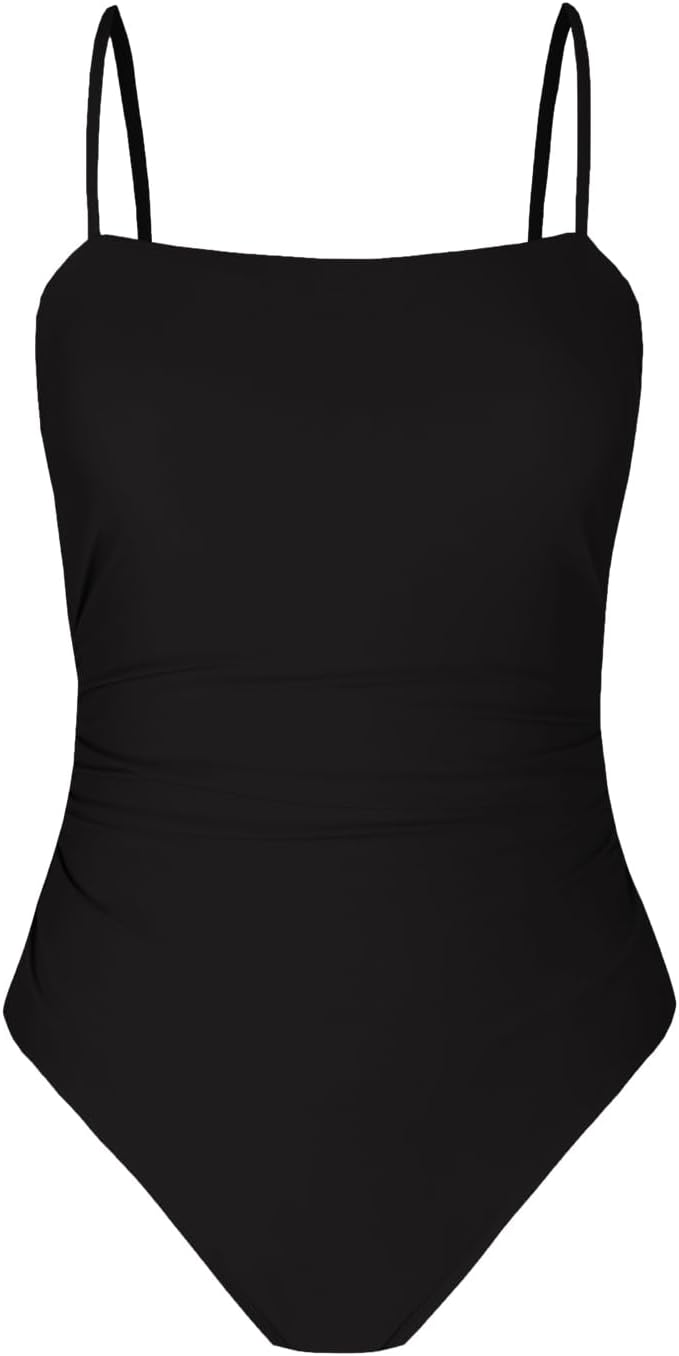 HOTCUPSHE Women's One Piece Swimsuit Square Neck Tummy Control Bathing Suit | Ruching, Removable Soft Cups, Adjustable Back Straps, Back Cutout, Moderate Coverage, Beach Vacation
