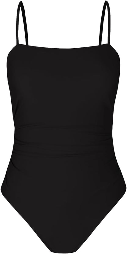 HOTCUPSHE Women's One Piece Swimsuit Square Neck Tummy Control Bathing Suit | Ruching, Removable Soft Cups, Adjustable Back Straps, Back Cutout, Moderate Coverage, Beach Vacation