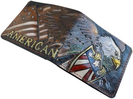 HOTAmerican Flag Bald Eagle Leather Wallet for Men – Patriotic USA Military Design – RFID Genuine Leather Bifold Biker Wallet, Embossed, Carved, Tooled & Painted Wallet, Custom Personalized Gift