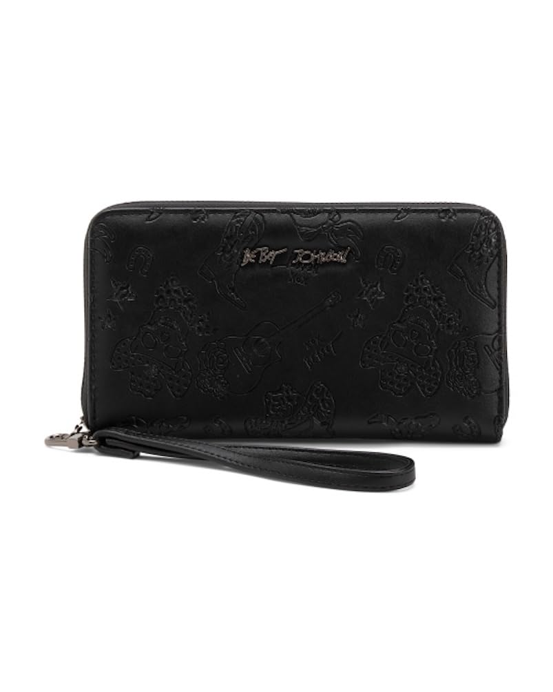 HOTBetsey Johnson Skulls Wristlet Wallet, Black, Embossed Skull Design with Detachable Strap, 8x4.5 Inches