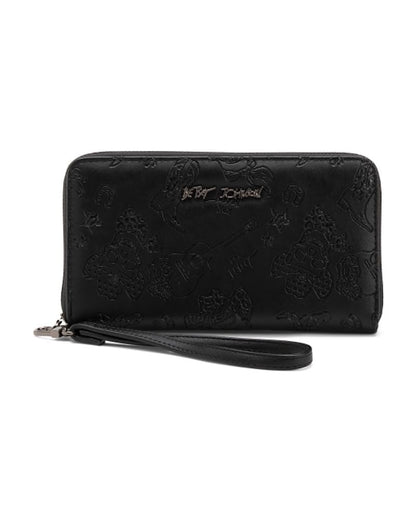 HOTBetsey Johnson Skulls Wristlet Wallet, Black, Embossed Skull Design with Detachable Strap, 8x4.5 Inches