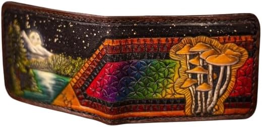 HOTMoonlit Mountains, Retro Patchwork, Azurescen, Mushrooms, Phsychedelic, Molecule, Psilocyb, Men's 3D Genuine Leather Wallet, Handmade wallet, Carved wallet, Airbrush Art, Bifold wallet, Custom wallet