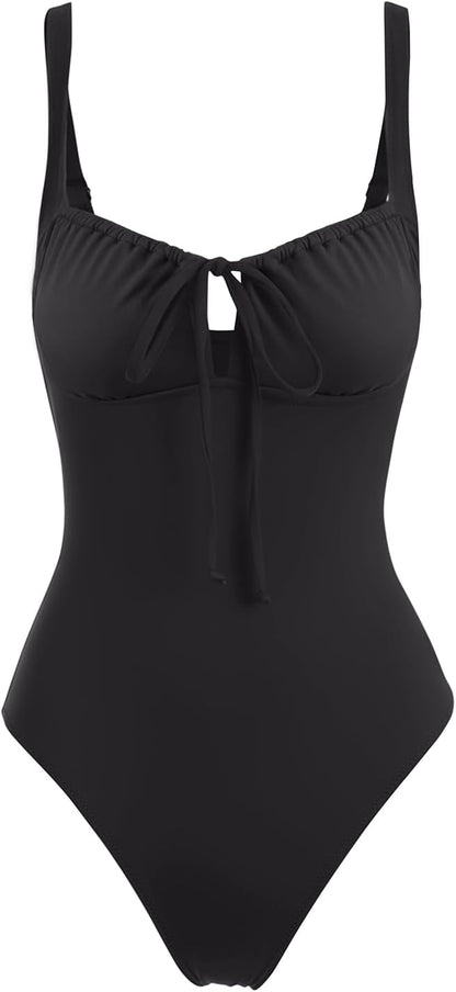 HOTLASLULU Women One Piece Swimsuit Cutout Tie Push Up Padded Bathing Suit | Sweetheart Neck,Tie Front,Adjustable Straps,Full Coverage,Modest,Long Torso,Slimming,Sexy Cute Swim Suits