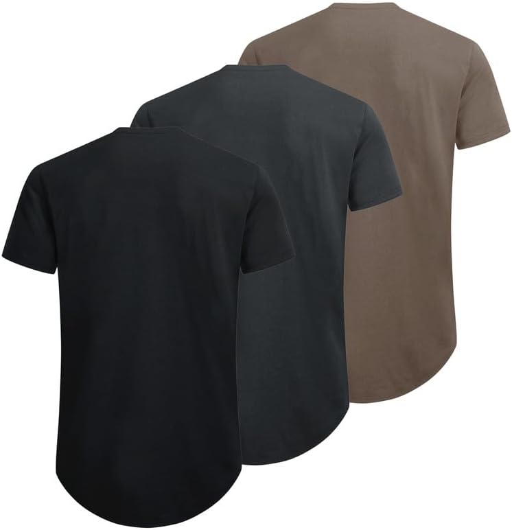 HOTMens 3 Pack Cotton Hipster Longline T Shirts Curved Hem Plain Hip Hop Short Sleeve Tee Fitted Casual Drop Cuts Crewneck