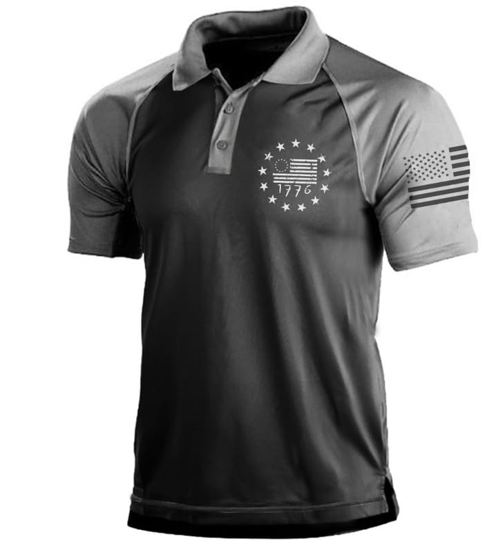 HOTMen's Polo Shirt Short Sleeve Quick Dry American Flag Print Graphic Split Color Golf Shirt for Sport