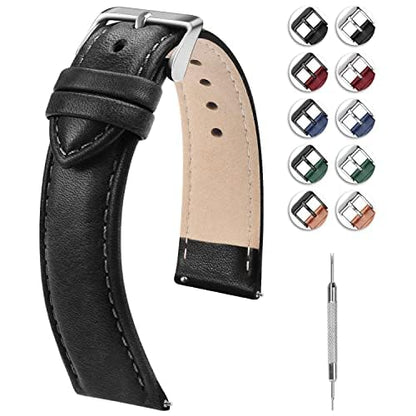 HOTFullmosa 19mm Quick Release Leather Watch Band | Traditional Smartwatch Replacement Strap for Women Men Formal Daily Commute, Black&Silver Buckle