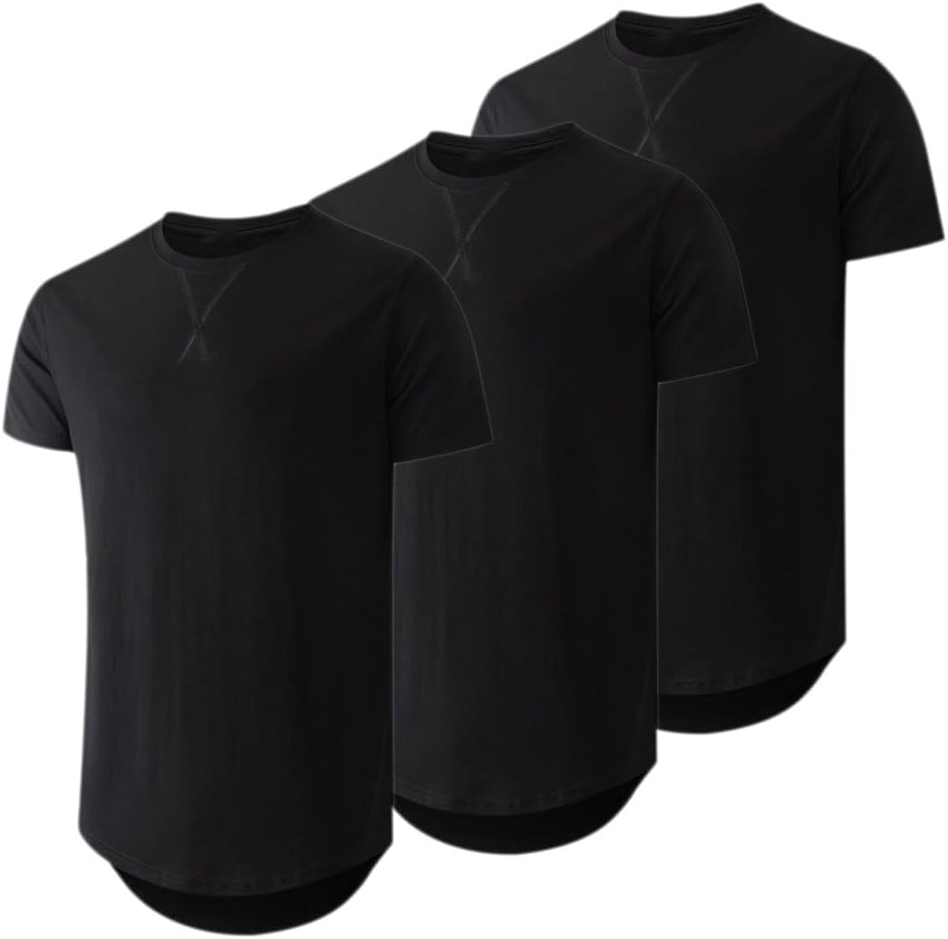 HOTJMIERR Mens 3 Pack Cotton Hipster Hip Hop Longline Crewneck T-Shirt