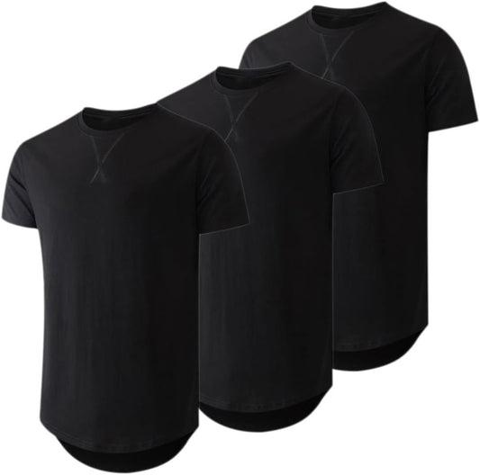 HOTJMIERR Mens 3 Pack Cotton Hipster Hip Hop Longline Crewneck T-Shirt