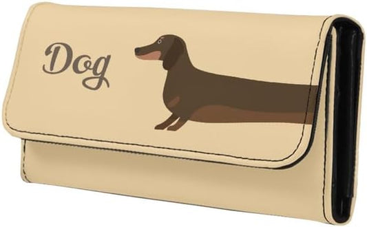 HOTDachshund Dog Beige PU Leather Trifold Wallets for Women Money Manager Cartoon Puppy Dog Funny Womens Leather Wallets Tall Billfold Cash Wallet
