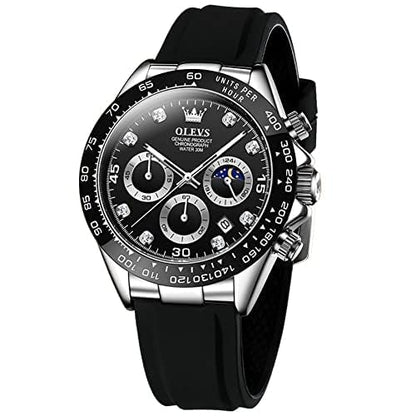 HOTOLEVS Men Analog Quartz Waterproof Watches Multifunction Chronograph Diamond Moon Phase Luminous Silicone Band Wrist Watches