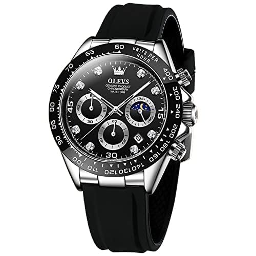 HOTOLEVS Men Analog Quartz Waterproof Watches Multifunction Chronograph Diamond Moon Phase Luminous Silicone Band Wrist Watches