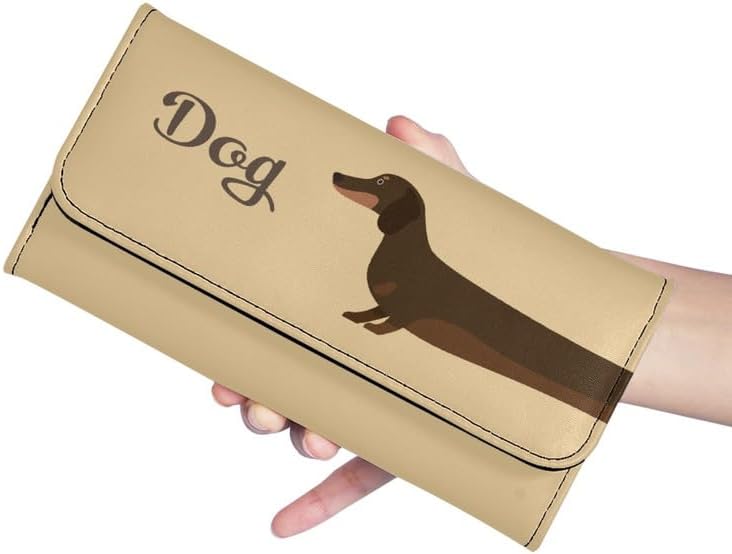 HOTDachshund Dog Beige PU Leather Trifold Wallets for Women Money Manager Cartoon Puppy Dog Funny Womens Leather Wallets Tall Billfold Cash Wallet
