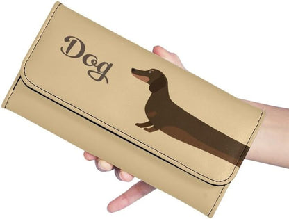 HOTDachshund Dog Beige PU Leather Trifold Wallets for Women Money Manager Cartoon Puppy Dog Funny Womens Leather Wallets Tall Billfold Cash Wallet