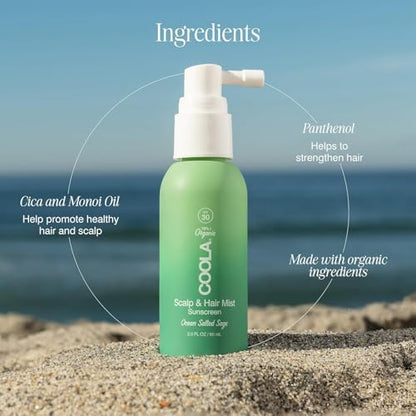 HOTCOOLA Organic Scalp Spray & Hair Sunscreen Mist with SPF 30, Dermatologist Tested Hair Care for Daily Protection, Vegan and Gluten Free, Ocean Salted Sage, 2 Fl Oz