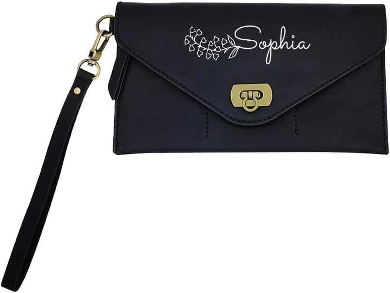 HOTPersonalized Leather Wristlet Pouch Birth Flower Custom Name Wrist Bag Wallet – Gift for Her