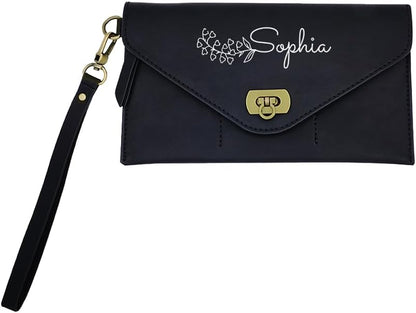 HOTPersonalized Leather Wristlet Pouch Birth Flower Custom Name Wrist Bag Wallet – Gift for Her