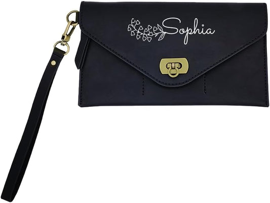 HOTPersonalized Leather Wristlet Pouch Birth Flower Custom Name Wrist Bag Wallet – Gift for Her