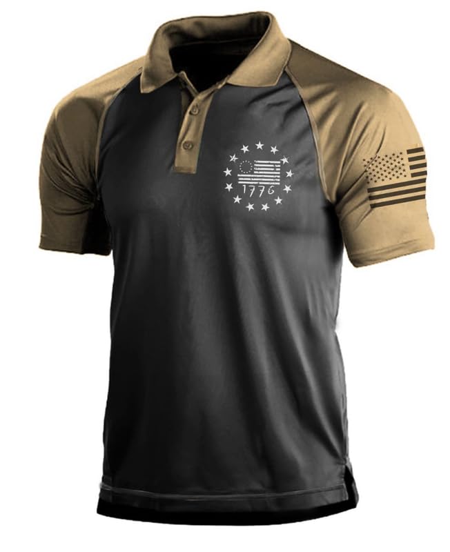 HOTMen's Polo Shirt Short Sleeve Quick Dry American Flag Print Graphic Split Color Golf Shirt for Sport
