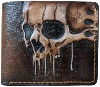 HOTMelting Skull Zombie Skeleton Leather Wallet for Men – Dark Fantasy Skeleton Design – RFID Genuine Leather Bifold Biker Wallet, Embossed, Carved, Tooled & Painted Wallet, Custom Personalized Gift