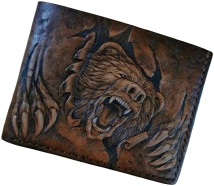 HOTGrizzly, Bear, Forest, Hunter, Hunting, Men's 3D Genuine Leather Wallet, Handmade wallet, Carved wallet, Tooled wallet, Airbrush Art, Bifold wallet, Custom wallet, Personalized wallet, A(30)