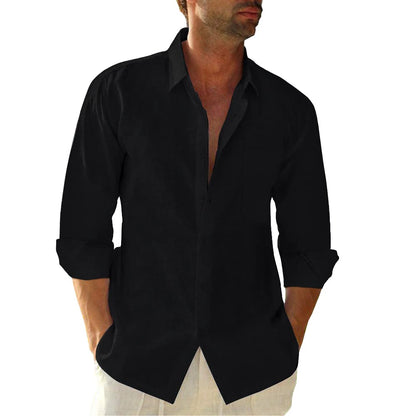 HOTJEKAOYI Button Down Linen Shirts for Men Casual Long Sleeve Regular Fit Cotton Beach Shirts with Pocket