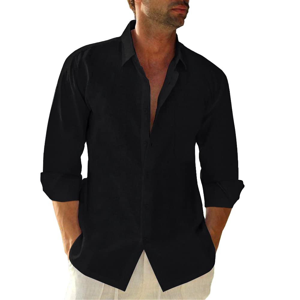 HOTJEKAOYI Button Down Linen Shirts for Men Casual Long Sleeve Regular Fit Cotton Beach Shirts with Pocket
