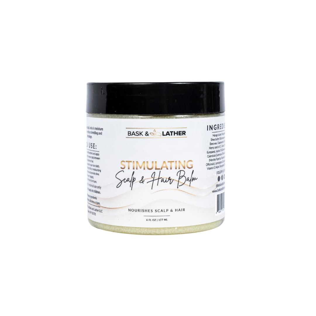HOTBask & Lather Stimulating Scalp and Hair Balm for Hair Growth, Mango & Shea Butter, Nourishing Jojoba Oil, Peppermint & Rosemary Oil, Vitamin E, Scalp Care, Hair Care, Moisture, Shine & Strength, 6 oz
