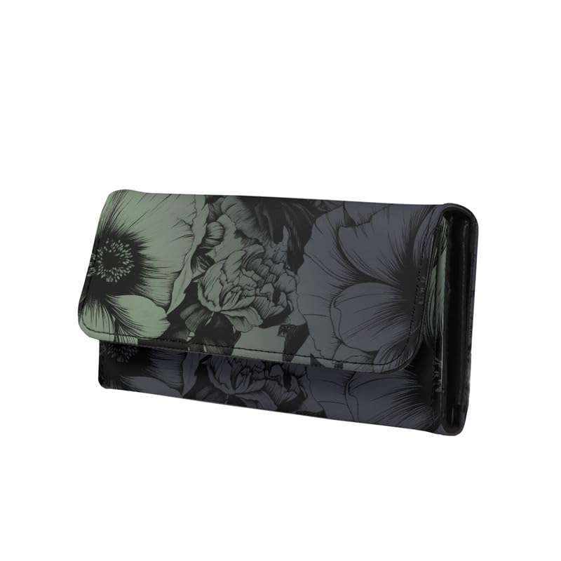 HOTLotus Mandala Women PU Leather Tri-fold Wallets Black And White Sketch Flower Zipper Pocket Buckle Money Manager Starry Sky Tall Billfold Secretary Cash Wallet