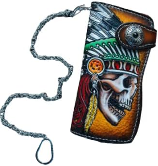 HOTMen's 3D Genuine Leather Wallet, Long wallet, Biker wallet, Hand-Carved, Hand-Painted, Leather Carving, Custom wallet, Personalized wallet, Indian Skull, Skeleton, Red Man, Native American