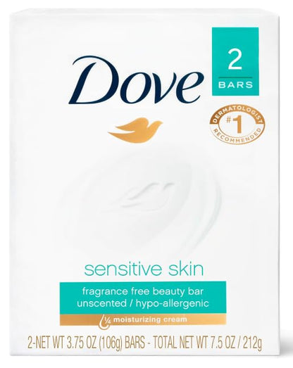 HOTDove Beauty Bar Soap Sensitive, 8 Bars for Sensitive Skin, Fragrance Free and Hypoallergenic 3.75 oz