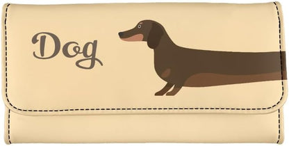 HOTDachshund Dog Beige PU Leather Trifold Wallets for Women Money Manager Cartoon Puppy Dog Funny Womens Leather Wallets Tall Billfold Cash Wallet