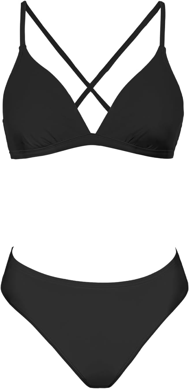 HOTCUPSHE Women's Triangle Bikini Set V Neck Two Piece Swimsuit Crossback | Bathing Suit, Removable Soft Cups, Crisscross Back Self Tie, Adjustable Straps, Mid Rise, Classic Coverage, Beach Vacation