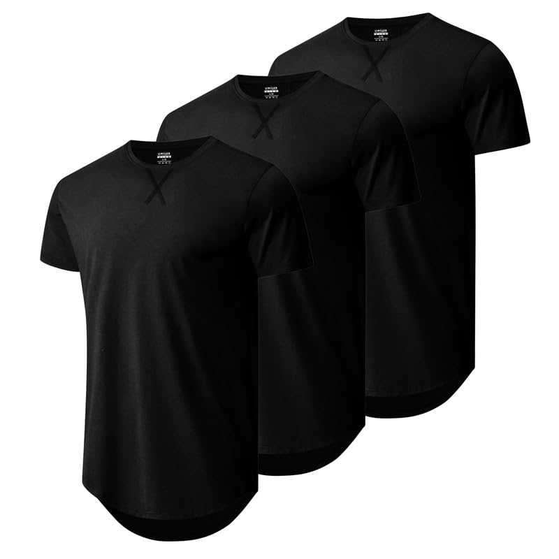 HOTMens 3 Pack Cotton Hipster Longline T Shirts Curved Hem Plain Hip Hop Short Sleeve Tee Fitted Casual Drop Cuts Crewneck