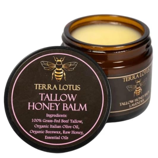 HOTTerra Lotus - Organic Grass-Fed Beef Tallow Balm with Raw Honey - Moisturizing Cream - Handmade All-Natural Moisturizer (2 Oz, Unscented)