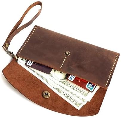 HOTHandmade Leather Wristlet Wallet with Card Slots Retro Multi-function Envelope Mobile Phone Card Holder Clutch Wallet with Hand Wrist Lanyard
