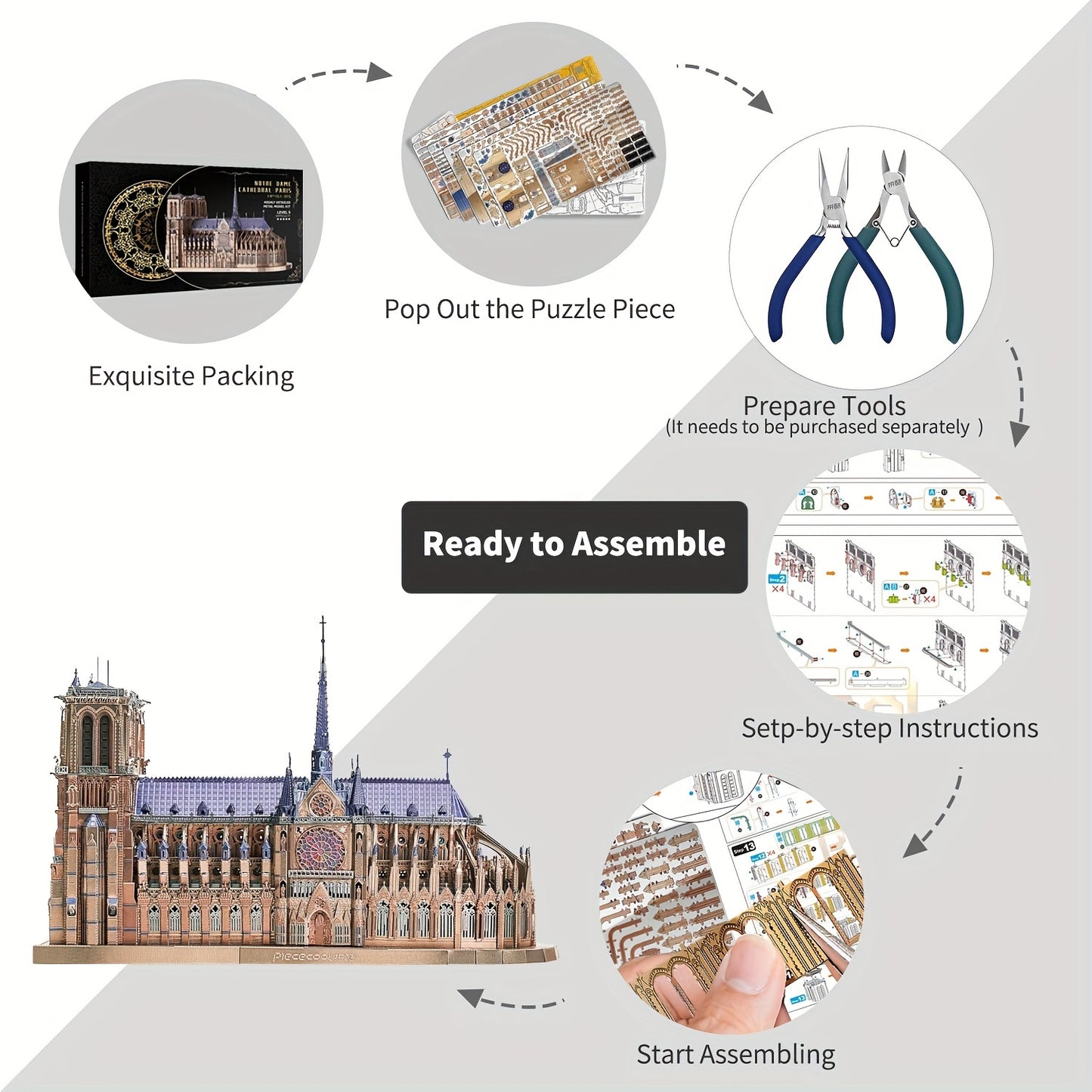 382pcs Notre Dame De Paris Church 3D Metal Puzzle for Adults - Challenging French Cathedral Brain Teaser Architecture Building Blocks Kit