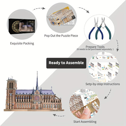 382pcs Notre Dame De Paris Church 3D Metal Puzzle for Adults - Challenging French Cathedral Brain Teaser Architecture Building Blocks Kit