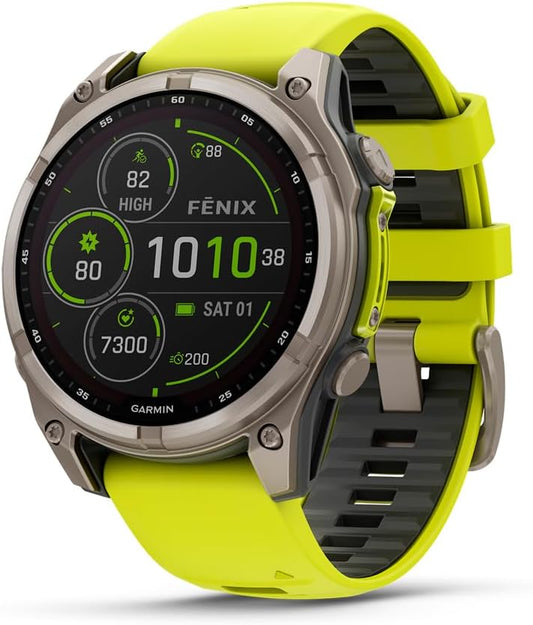 HOTGarmin fēnix® 8 – 47 mm, Solar, Sapphire, Premium Multisport GPS Smartwatch, Long-Lasting Battery Life, Dive-Rated, Built-in LED Flashlight, Titanium with Amp Yellow/Graphite Band | 47mm Sapphire Solar Multisport GPS, Titanium Case, Built-in LED Flashl