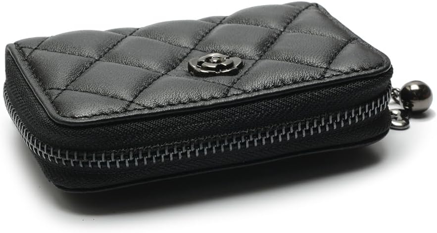 HOT2R Quilted Leather Zipper Wallet with Chain, Black