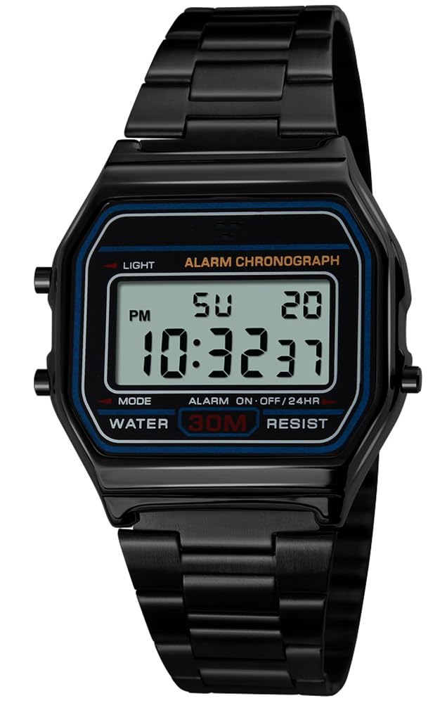 HOTPASOY Men's Digital Gold Stainless Steel Watch Backlit Multifunction Stopwatch Waterproof Sport Watches