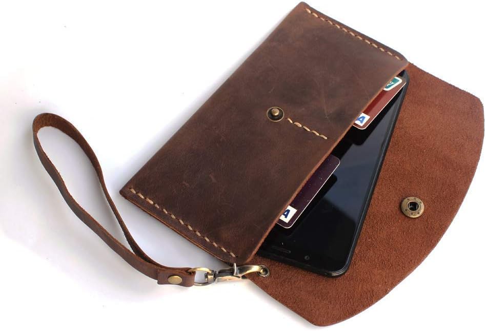 HOTHandmade Leather Wristlet Wallet with Card Slots Retro Multi-function Envelope Mobile Phone Card Holder Clutch Wallet with Hand Wrist Lanyard