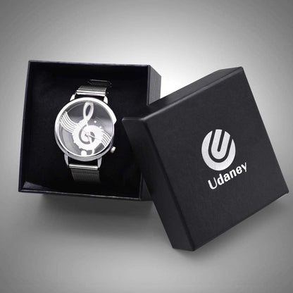 HOTUdaney Unique Watch Musical Note Hollow Stainless Steel Mesh Strap Quartz Unisex Fashion Wrist Watch