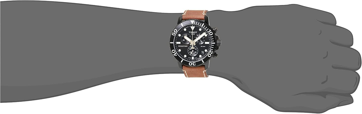 HOTTissot Mens Seastar 1000 Chronograph 316L Stainless Steel case with Black PVD Coating Quartz Watch, Beige, Leather, 22 (T1204173605100)