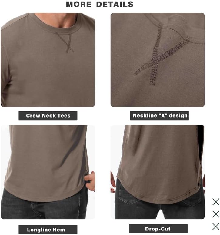 HOTMens 3 Pack Cotton Hipster Longline T Shirts Curved Hem Plain Hip Hop Short Sleeve Tee Fitted Casual Drop Cuts Crewneck