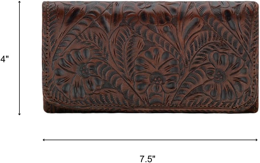 HOTAmerican West Hand Tooled Handcrafted 100% Genuine Leather Tri-Fold Wallet for Women | Credit Card Slots Cash Pocket and Clear ID Holder | Western (Dark Brown)